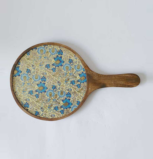 Blue Gardenia Wooden Pizza Platter - Grey Pottery