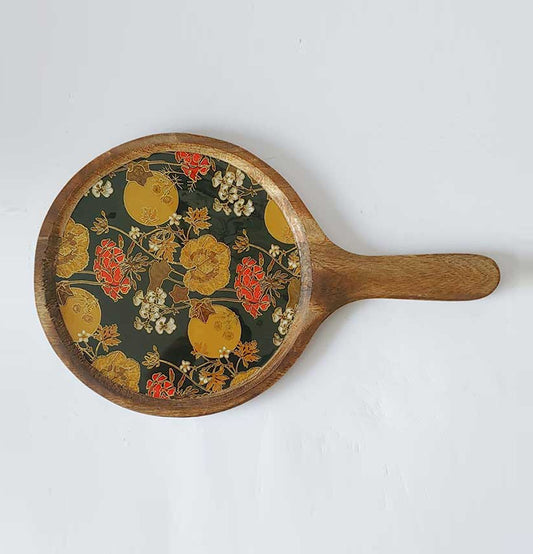 Golden Floral Wooden Pizza Platter - Grey Pottery