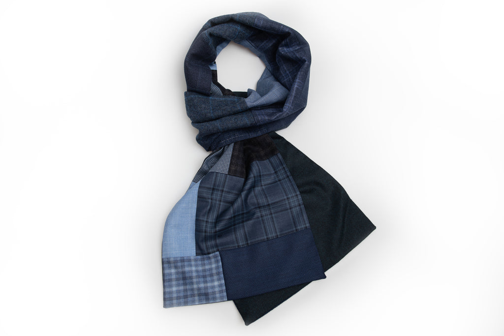 Geometric patchwork scarf - Blue, navy and burgundy – Swell Fellow