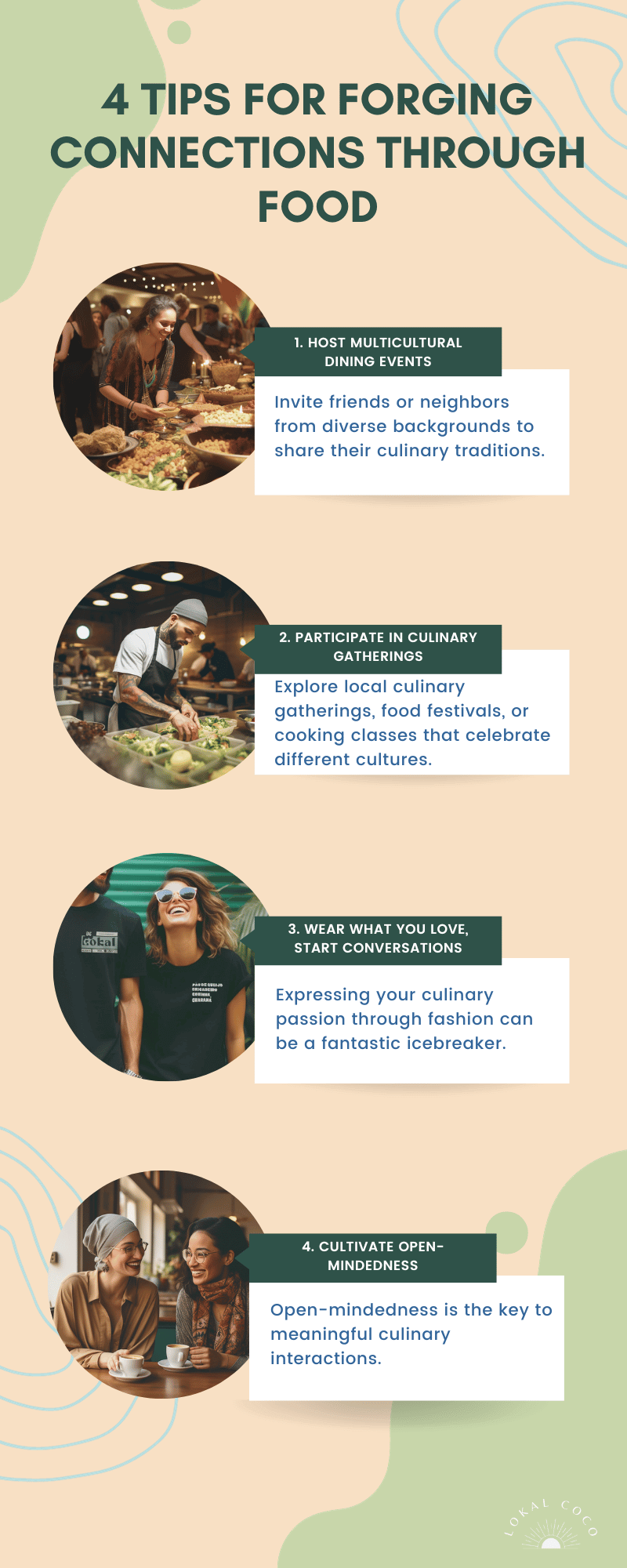 Infographic of 4 Tips for Forging Connections through Food to showcase how food brings cultures together.