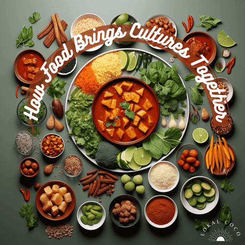 A knolling image of different spices and colorful food dishes on a round table to display how food brings cultures together.