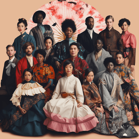 Collage of diverse people wearing different traditional clothing showcasing historical continuity