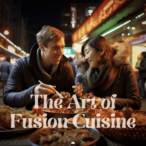 A multi-cultural couple eating fusion cuisine in a street market with “The Art of Fusion Cuisine” text over them.