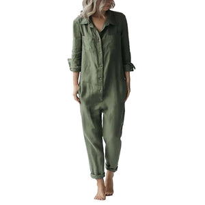 Women'S Cotton Linen Fashion Casual Jumpsuits Loose Lapel Long Sleeve Button With Pockets Jumpsuit Solid Jumpsuit For Women 2023 - Shein Store