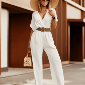 Summer Short Sleeve V-Neck Bat Sleeve Elastic Waist Jumpsuit Pants Women's Solid Sexy Bodusuit  Mono Elegante Mujer Bodysuit - Shein Store