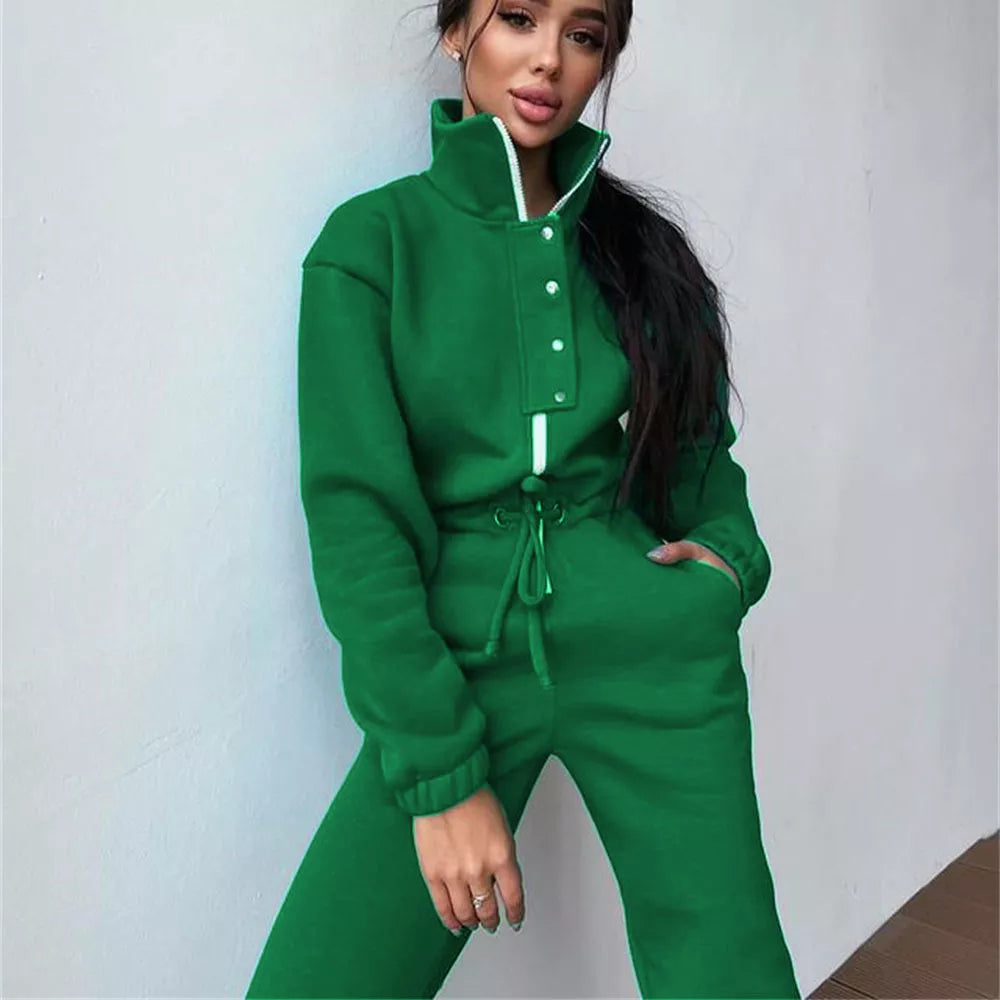 Women Elegant Jumpsuit Long Sleeve One Piece Outfit Warm Romper Female Overalls Zipper Pocket Playsuit Winter Femme Monos Mujer