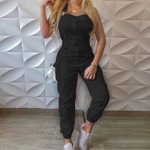 Women's jumpsuit High waist Slim waist Solid pocket Cargo pants Strap pants Sleeveless casual Overalls jumpsuit - Shein Store