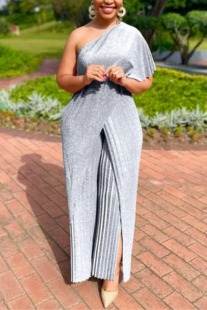 Fashion Elegant Party Jumpsuit Women's One Shoulder Sleeveless Solid Pleated Loose Casual Long Jumpsuit Women - Shein Store