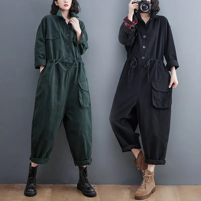 Overalls For Women Lapel Jumpsuit Elegant Long Sleeve Outfits Warm Loose Romper Female Drawstring Pocket Playsuit Pants Autumn
