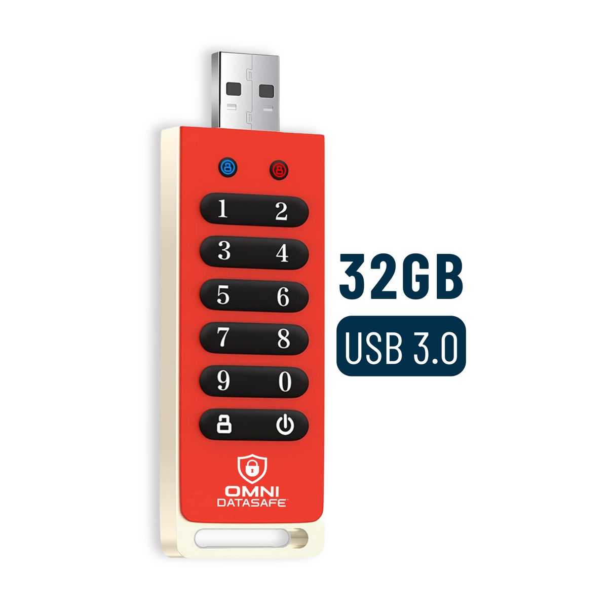 One red Omni DataSafe encrypted USB Drive