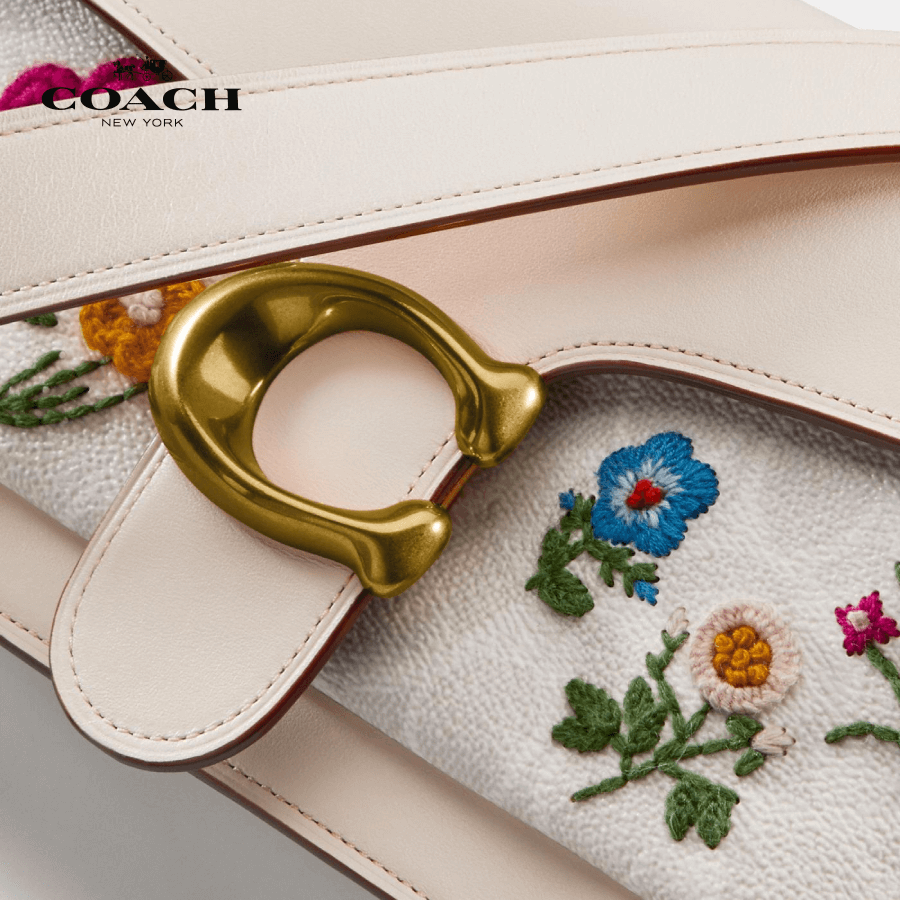 tabby chain clutch in signature canvas with floral embroidery