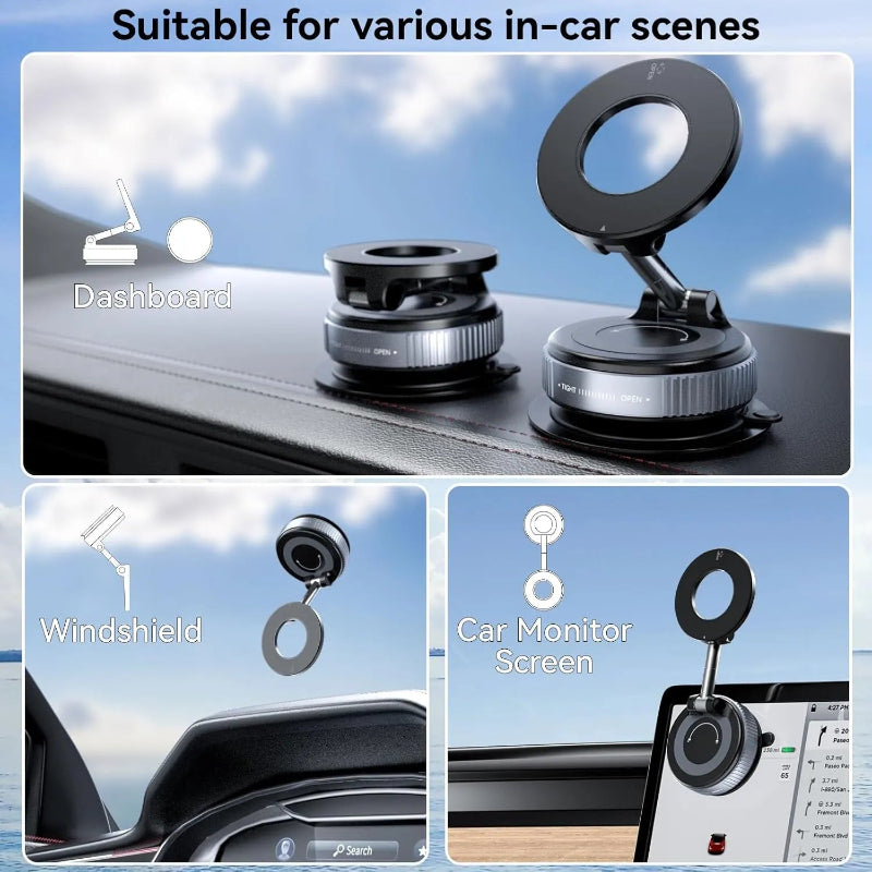 Car mount with suction cups for dashboard, windshield, and car monitor screen use.
