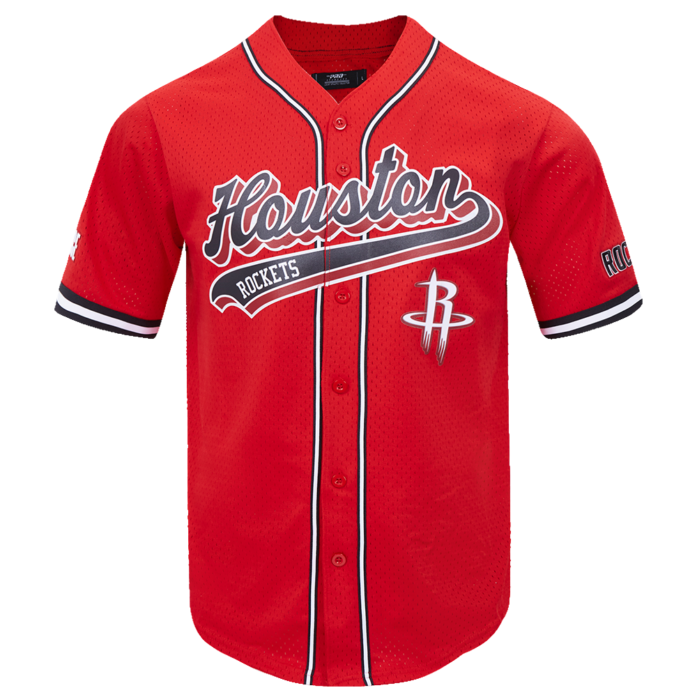 NBA HOUSTON ROCKETS SCRIPT TAIL MEN'S MESH BUTTON DOWN SHIRT (RED/BLACK)