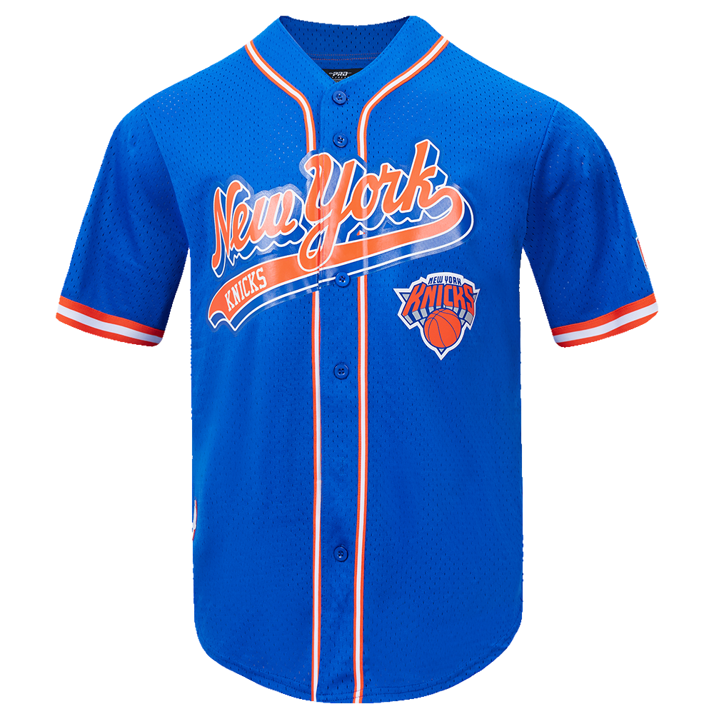NBA NEW YORK KNICKS SCRIPT TAIL MEN'S MESH BUTTON DOWN SHIRT (ROYAL BLUE/ORANGE)