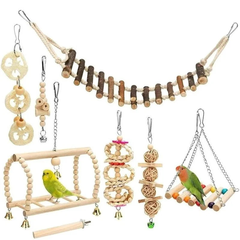 8 PCS/Set Combination Parrot Bird Toys Wood Articles Bite Pet Bird Toys For Parrot Training Bird Toy Swing Ball Bell Standing