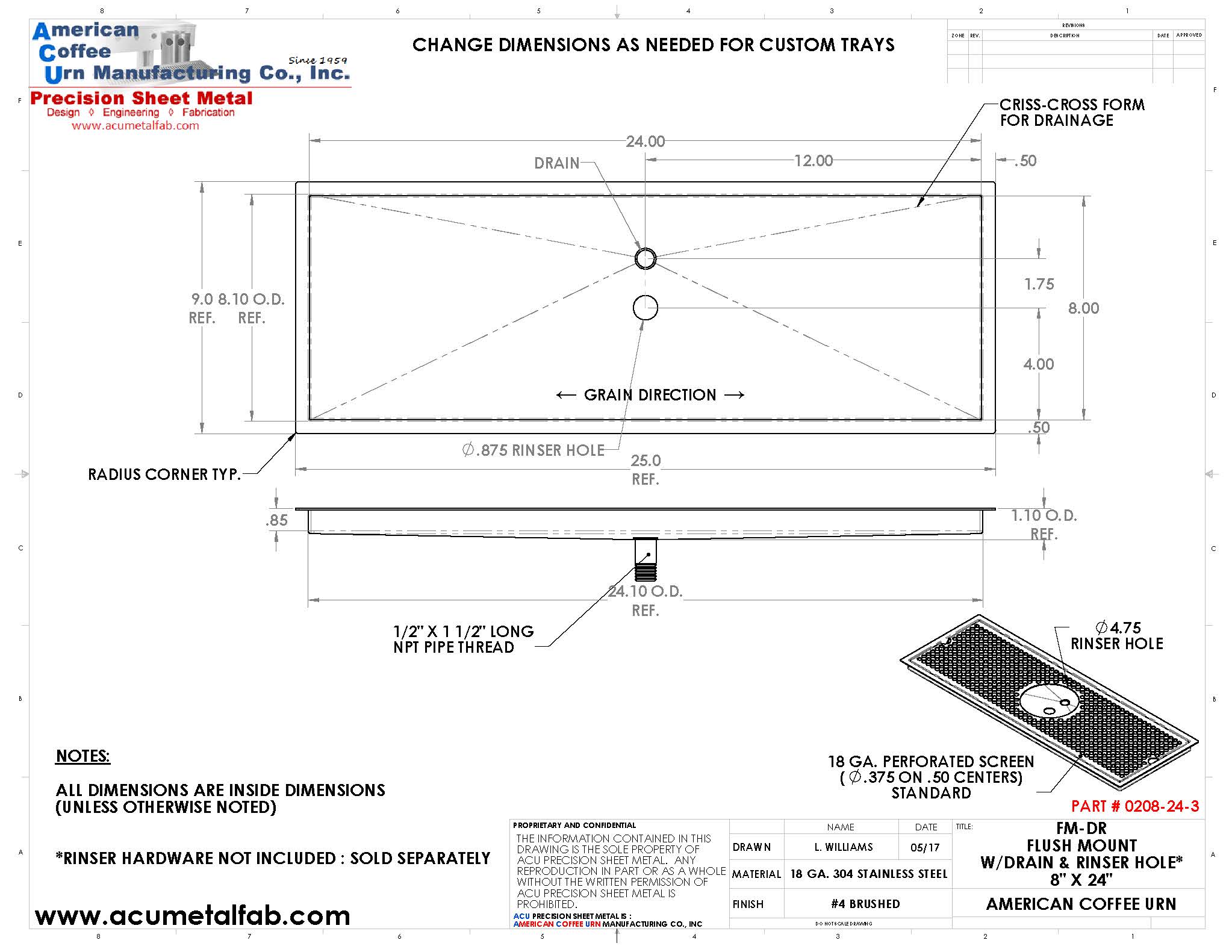 Beer Drip Tray  8 x 24 Flush Mount Drip Tray with Drain and