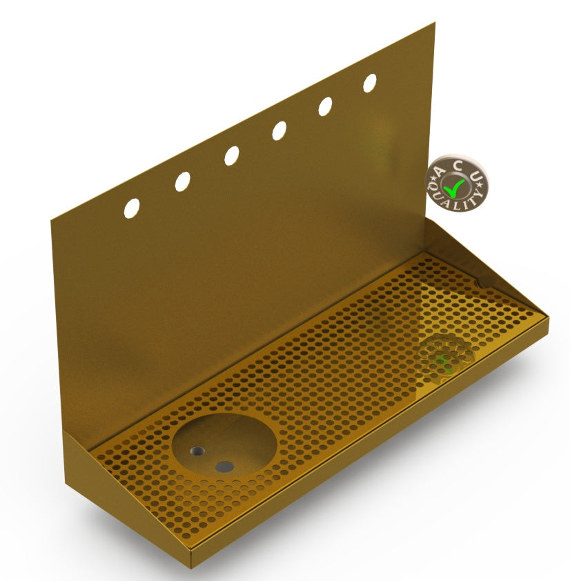Wall Mount Drip Tray with Left Drain and Rinser Hole | 8" X 24" X 14" X 1" | Brass | 6 Faucet Holes