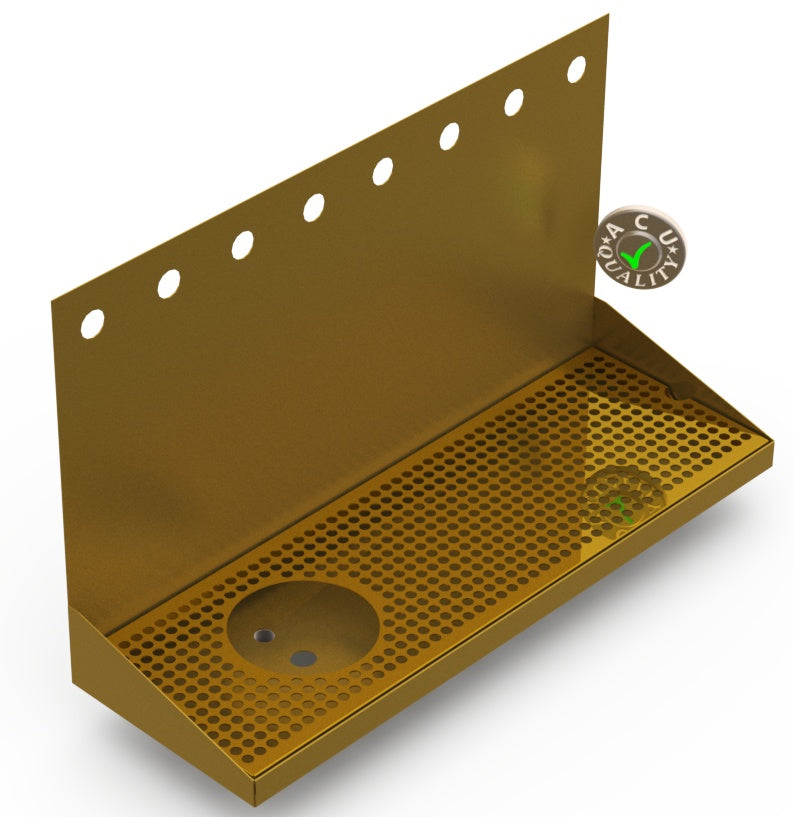 Wall Mount Drip Tray with Left Drain and Rinser Hole | 8" X 24" X 14" X 1" | Brass | 8 Faucet Holes