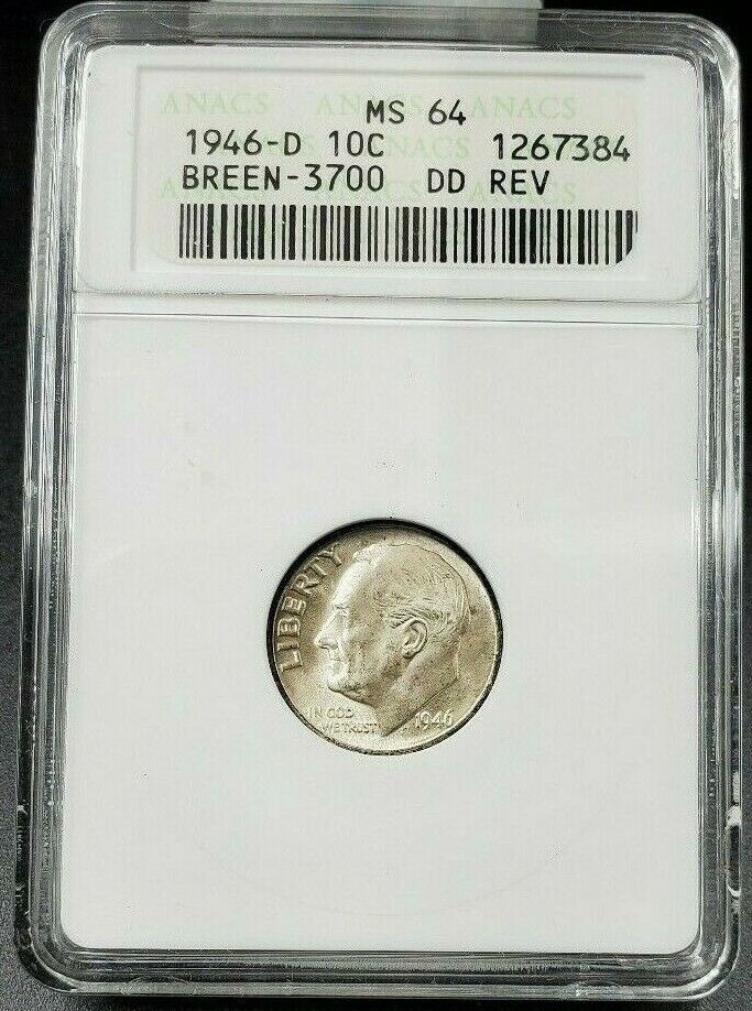 1946 P Roosevelt Silver Dime Coin Vintage ANACS MS64 Breen-3696 Type 2  Variety