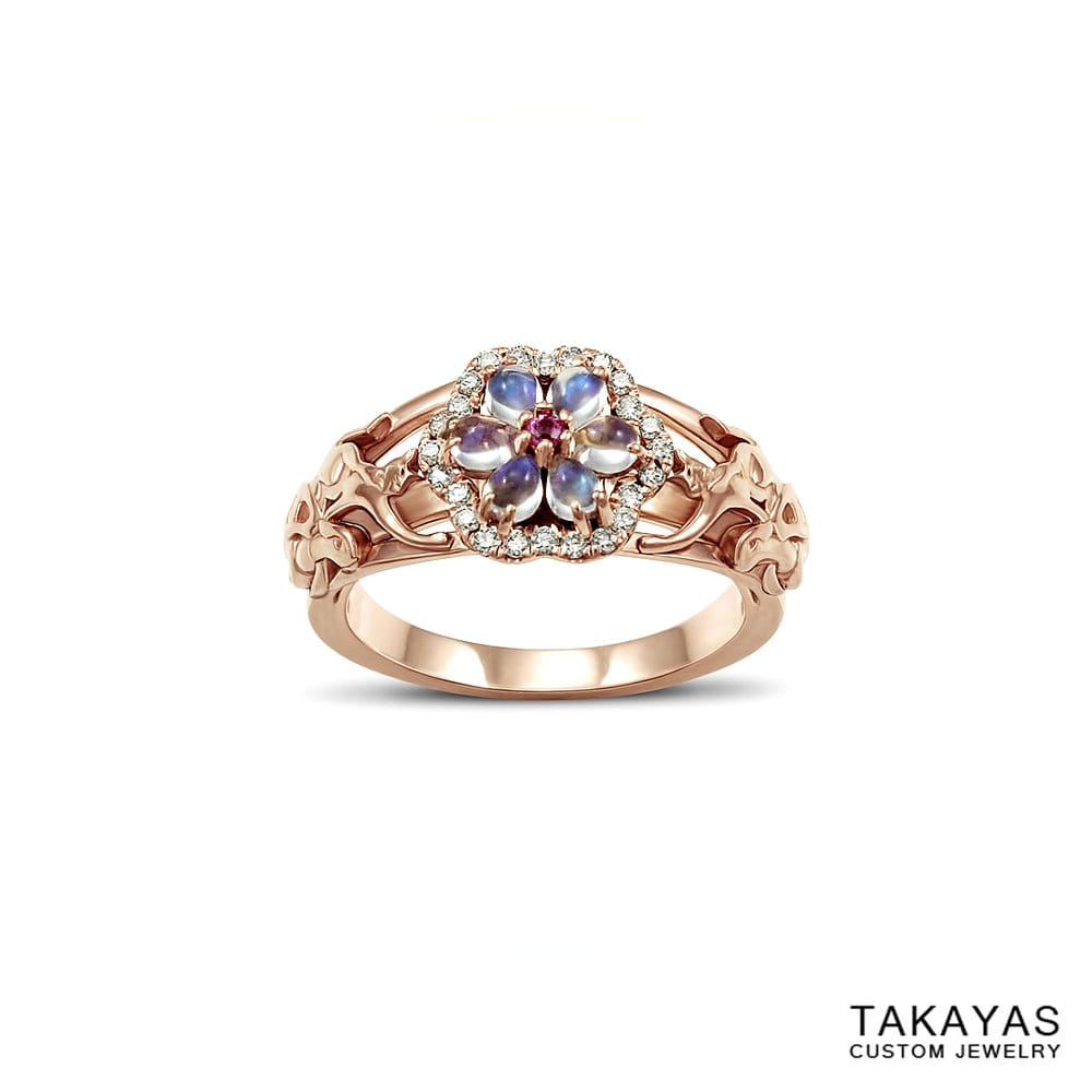 14K rose gold cat turtle moonstone engagement ring Takayas Custom Jewelry front