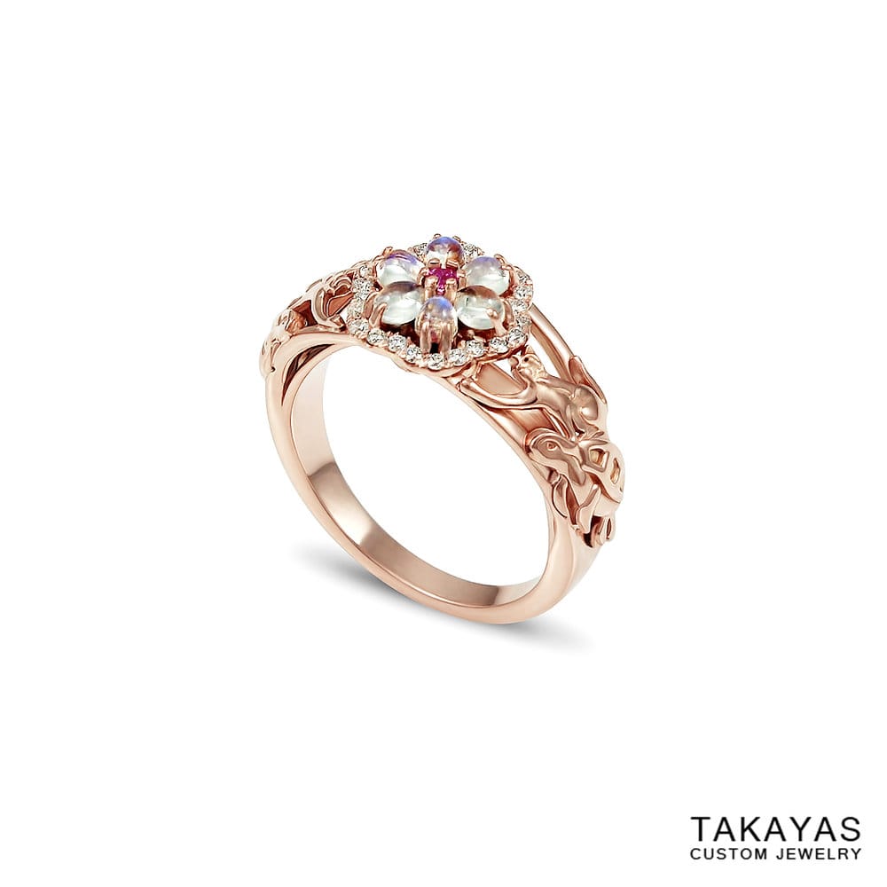 14K rose gold cat turtle moonstone engagement ring Takayas Custom Jewelry side