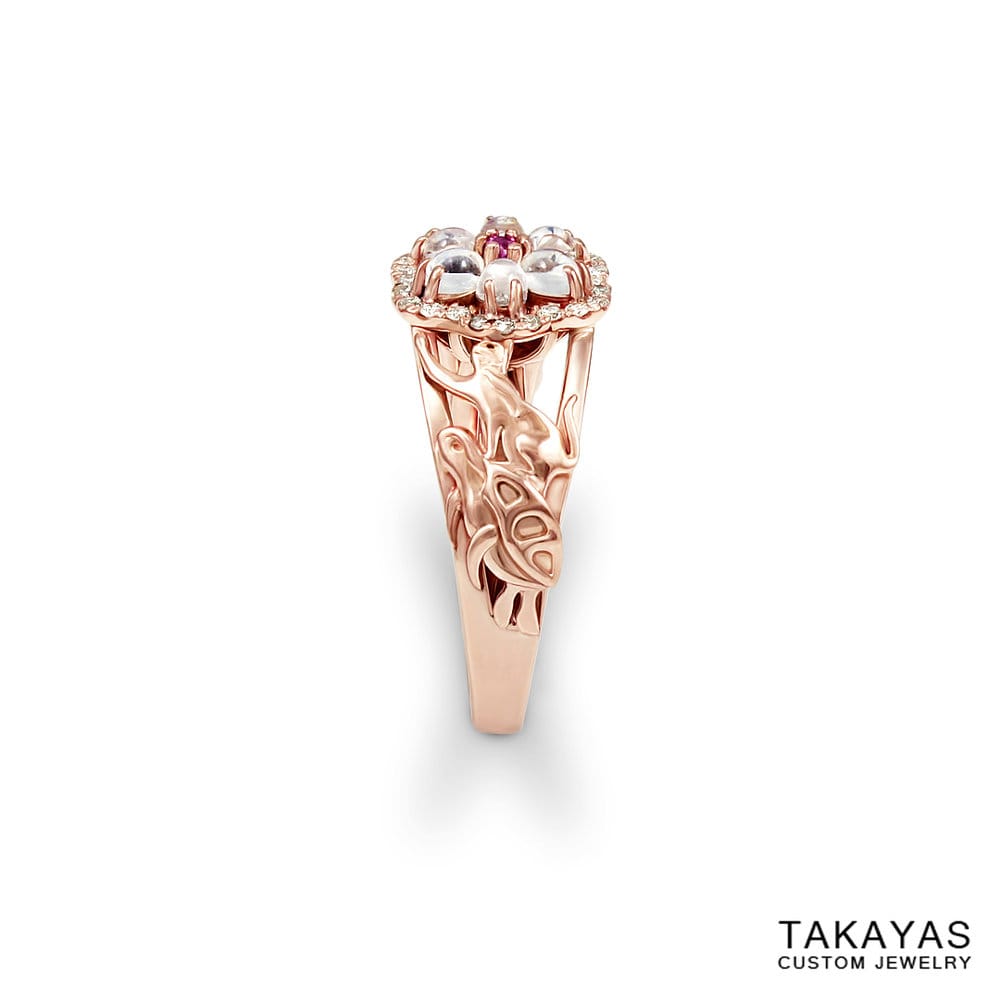 14K rose gold cat turtle moonstone engagement ring Takayas Custom Jewelry side2