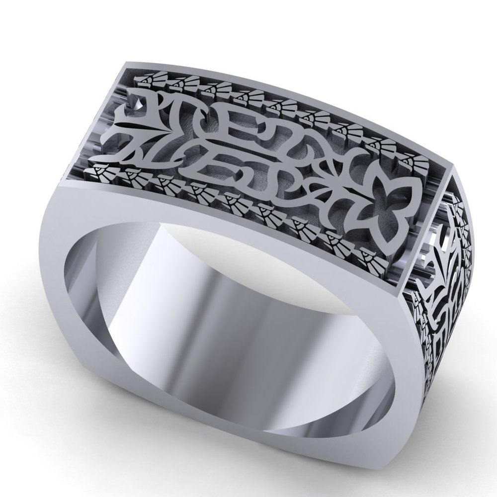 CAD rendering of Aztec Initials Men's Wedding Ring by Takayas - angled top view with nine eagles