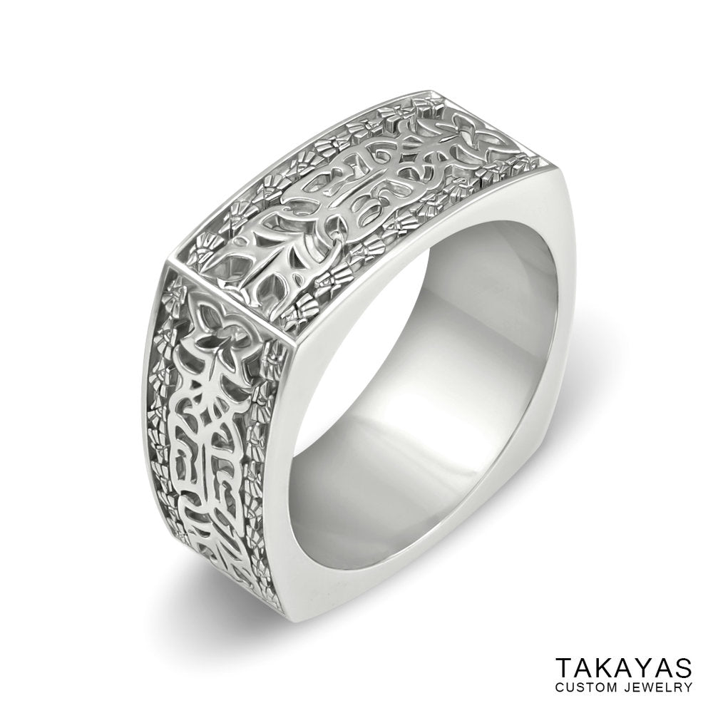 Finished custom Aztec Initials Men's Wedding Ring by Takayas - angled side view