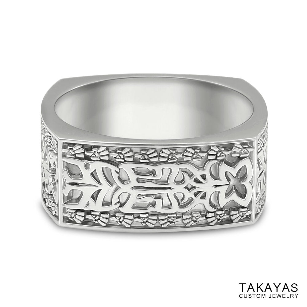 Finished custom Aztec Initials Men's Wedding Ring by Takayas - front view