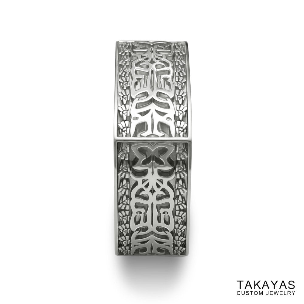 Finished custom Aztec Initials Men's Wedding Ring by Takayas - side view