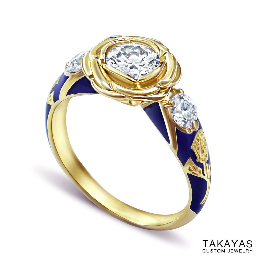 photograph of finished Beauty and the Beast engagment ring by Takayas Custom Jewlery - perspective view