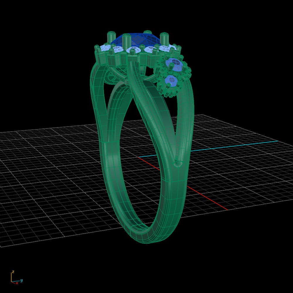 Wire frame CAD rendering of the Carousel of Progress engagement ring designed by Takayas Custom Jewelry