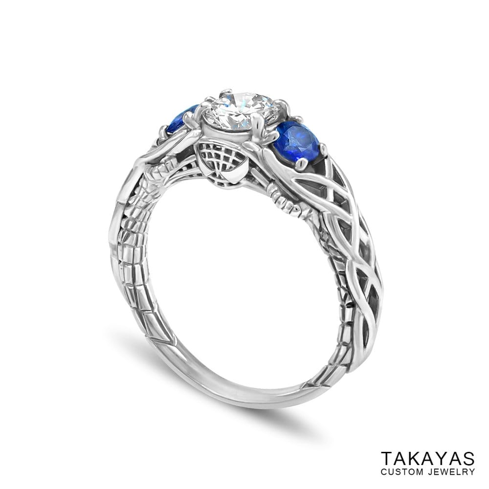 Celtic Spiderman engagement ring by Takayas - finished ring - angled side view