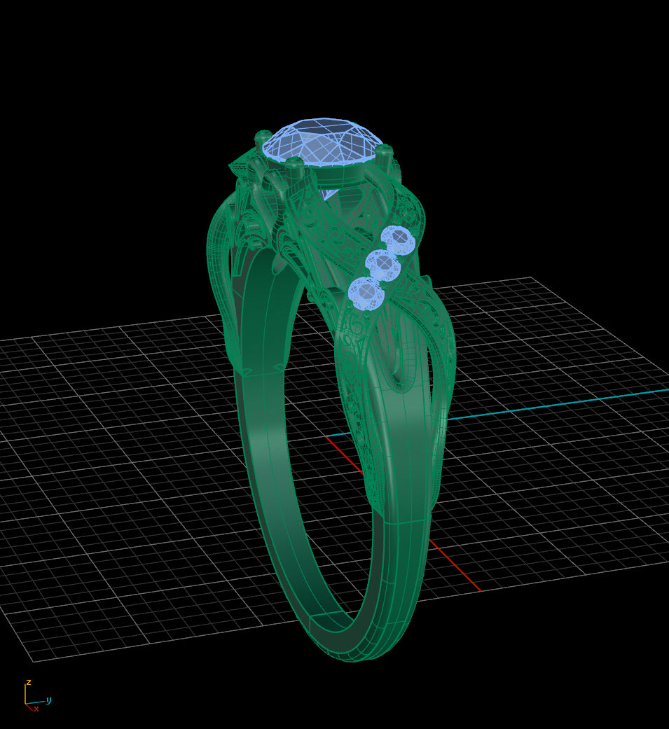 wire frame Elegant Fantasy custom ring CAD rendering by Takayas, side view