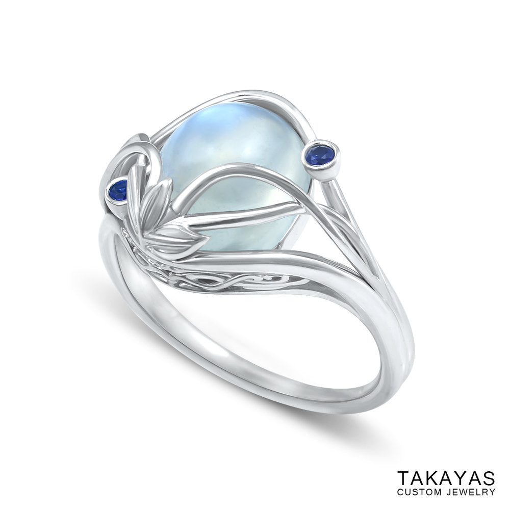 Elvish Moonstone Engagement Ring by Takayas - angled side view