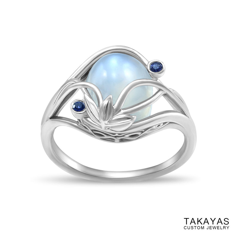 Elvish Moonstone Engagement Ring by Takayas - angled top down view