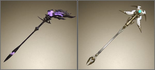 FFXIV Black & White Mage staffs, used as inspiration for custom Final Fantasy wedding rings by Takayas