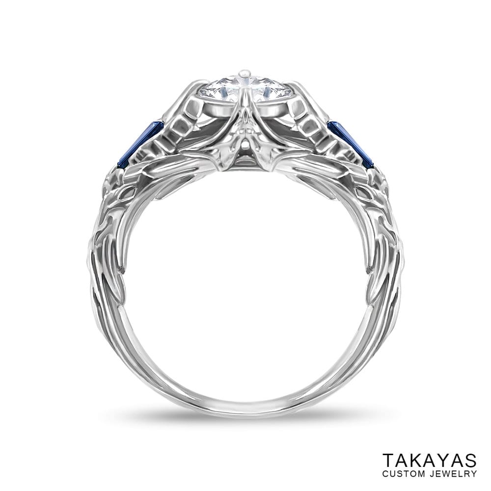 Photograph of finished FFXIV Scholar inspired ring by Takayas Custom Jewelry - front view