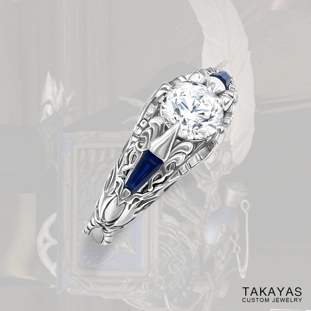 Final Fantasy XIV Scholar inspired engagement ring by Takayas Custom Jewelry - main image