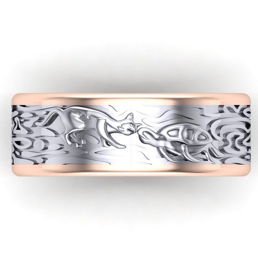CAD rendering of custom men's wedding band with a cat and turtle kissing and organic patterns, by Takayas Custom Jewelry