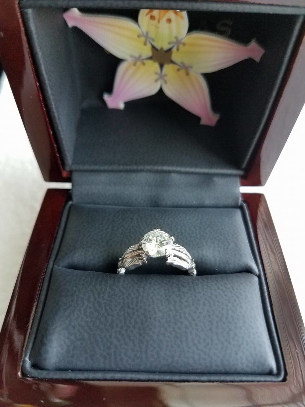 Kingdom Hearts Oathkeeper and Wayfinder solitaire engagement ring by Takayas Custom Jewelry, in ring box