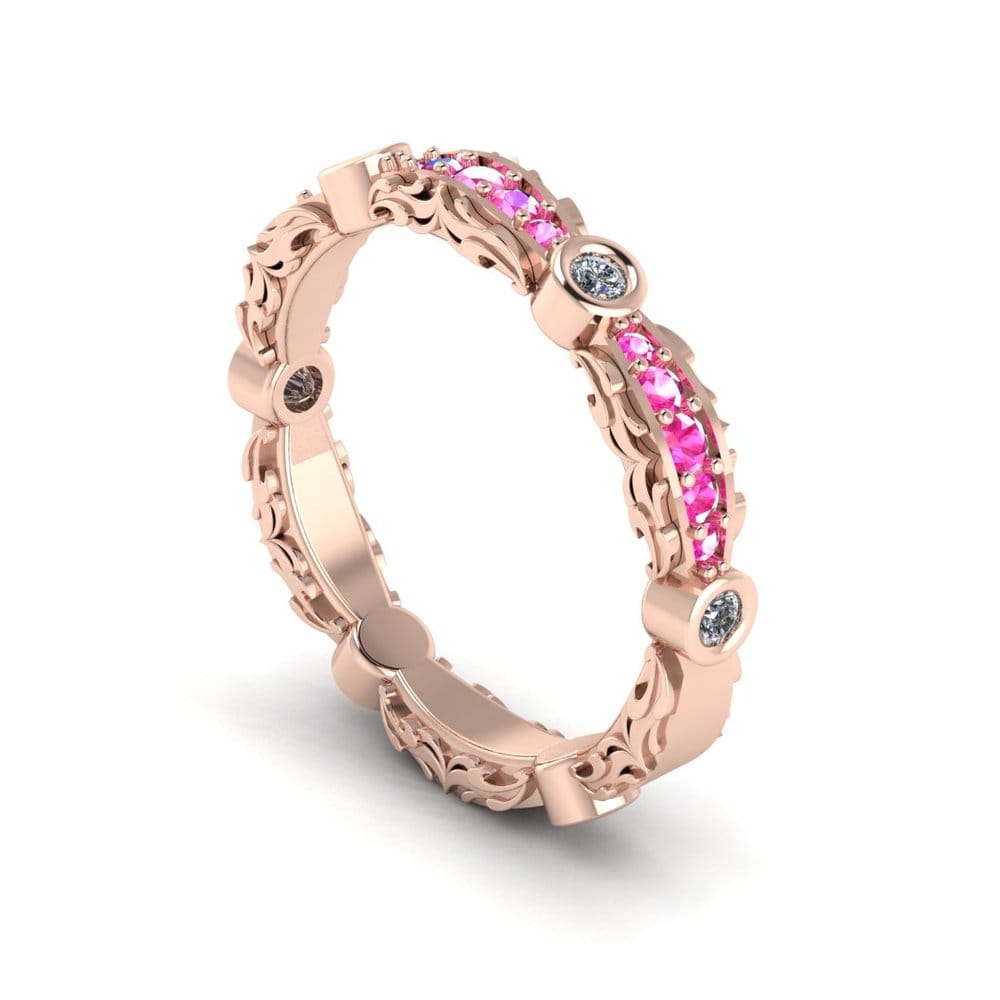 CAD rendering of ladies' custom baroque pattern inspired wedding band with pink sapphires and diamonds, by Takayas Custom Jewelry