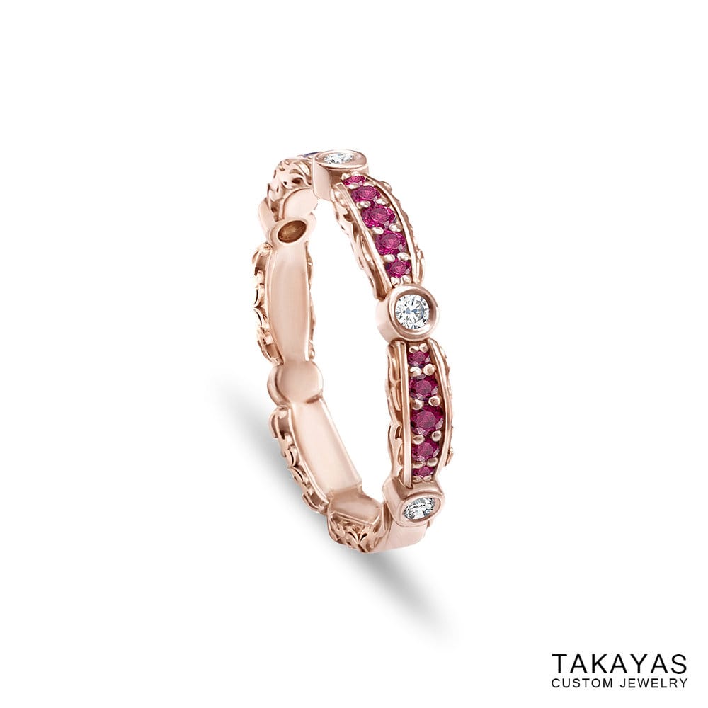Photograph of ladies' custom baroque pattern inspired wedding band with pink sapphires and diamonds, by Takayas Custom Jewelry - angled side view
