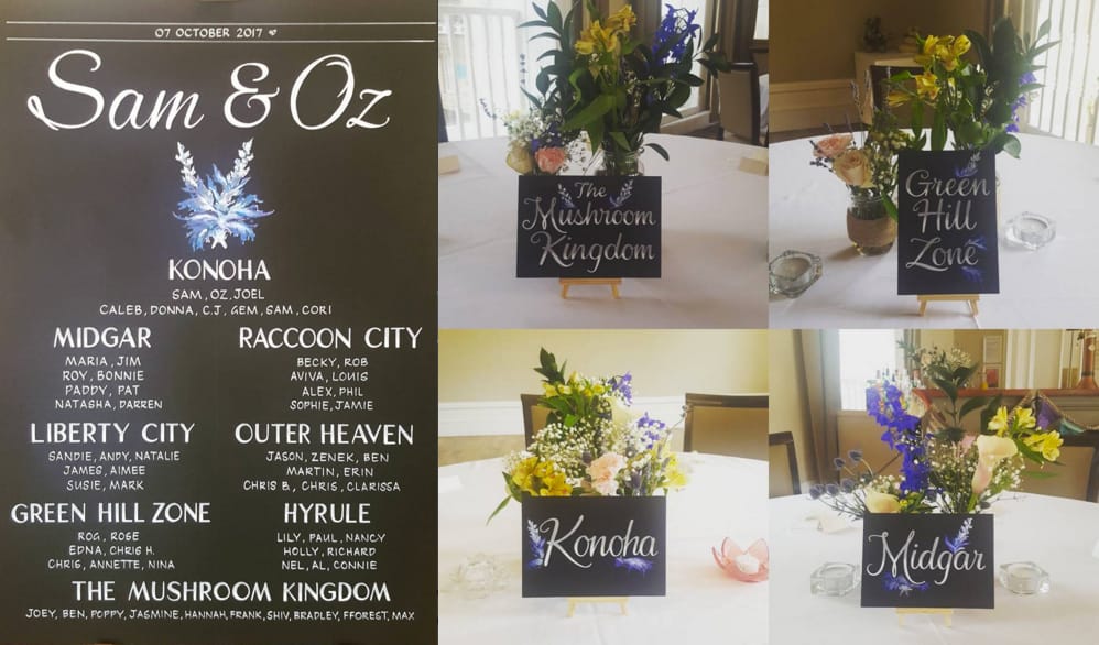Sam & Oz’s seating chart and table decorations, with sign artwork by Hannah Matthews of http://www.signwritingbyhannah.com/ (Hannah's artwork was also used as the background for this blog post's main image)