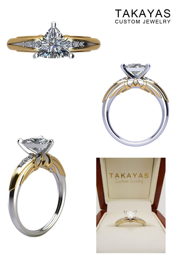 14K white gold Zelda trillion solitaire engagement ring with 14K yellow gold and diamond accents