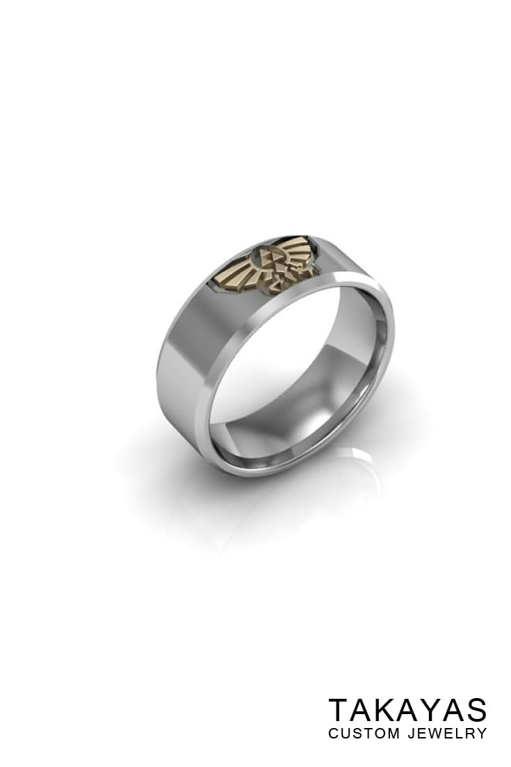 14K white gold Zelda mens wedding band with 14K yellow gold hylian crest and triforce by Takayas Custom Jewelry