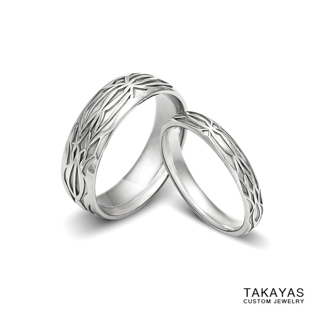 Platinum his and her Diablo 3 wedding bands by Takayas Custom Jewelry