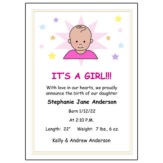 announcement of arrival of baby girl