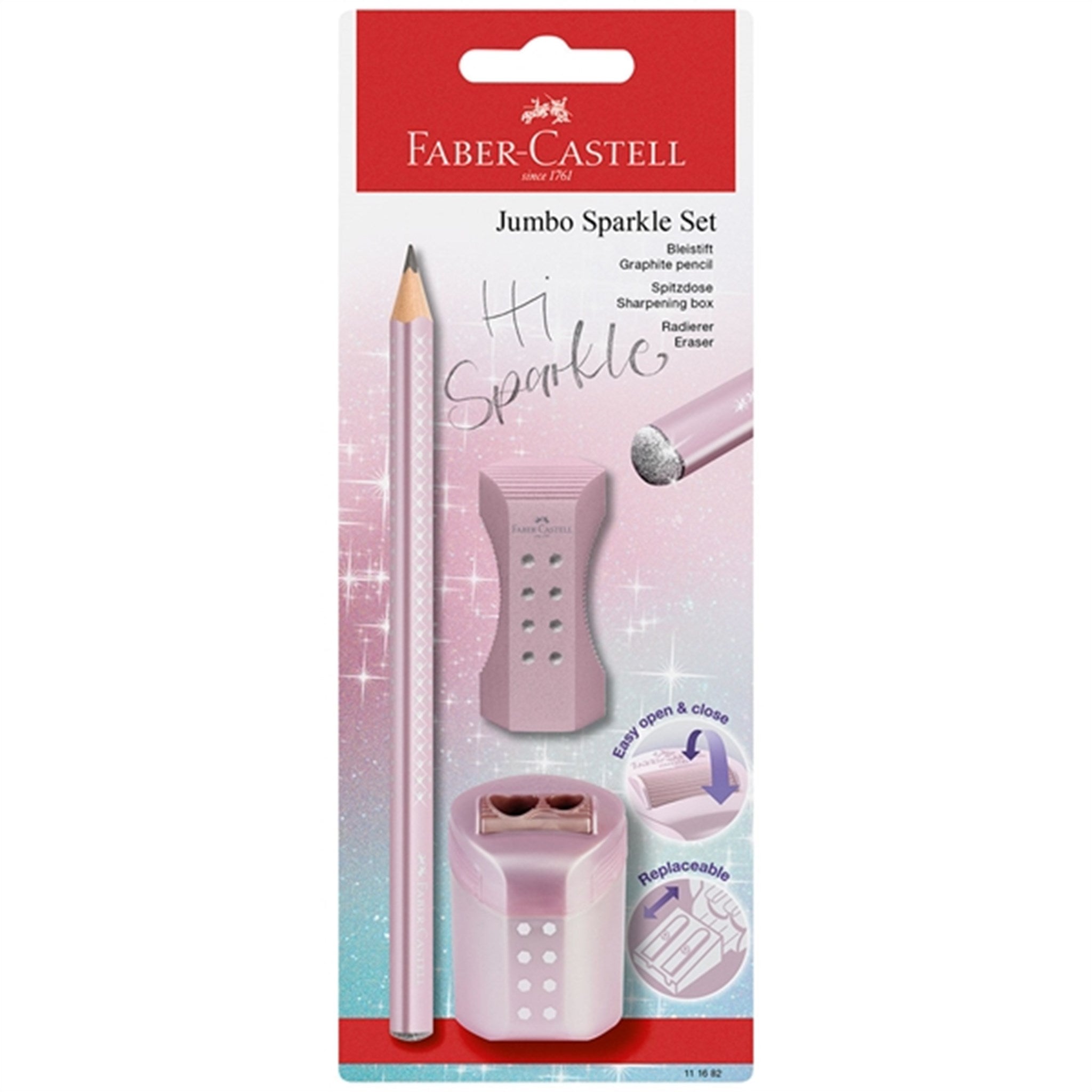 Billede af Faber-Castell Sparkle Jumbo Blyant, Viskelæder, Blyantspidser - Rosa