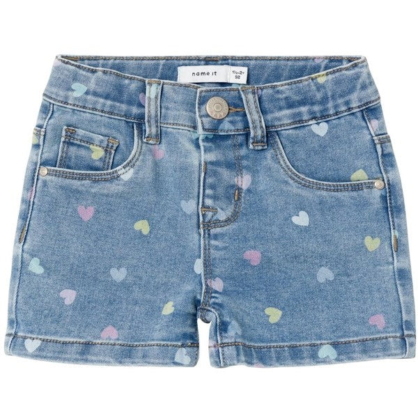 Name it Medium Blue Denim Hearts Salli Slim Denim Shorts Noos - Str. 104